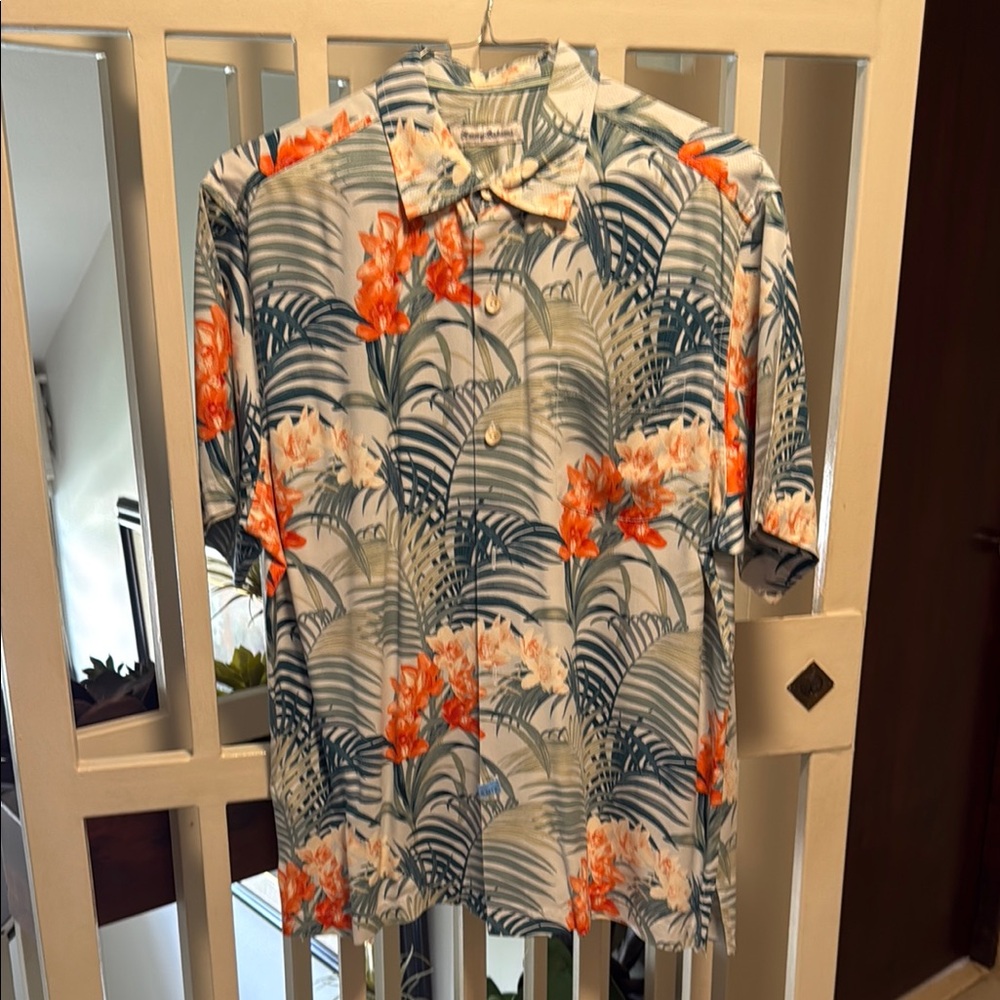 Tommy Bahama Orange and Green Casual Button Down Shirt with Tropical Design